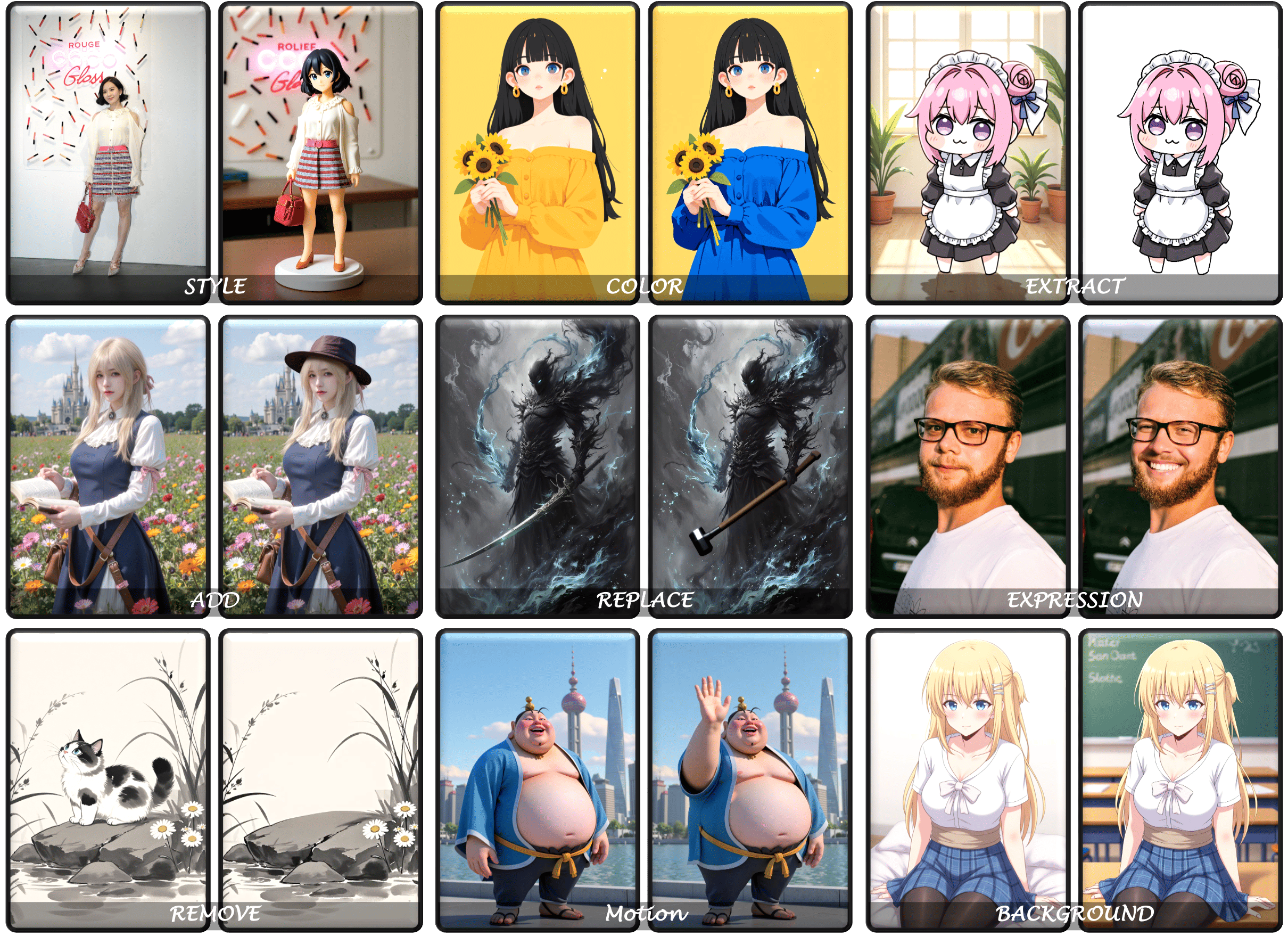 Image editing examples showing changes to style, color, expression, objects, and backgrounds.